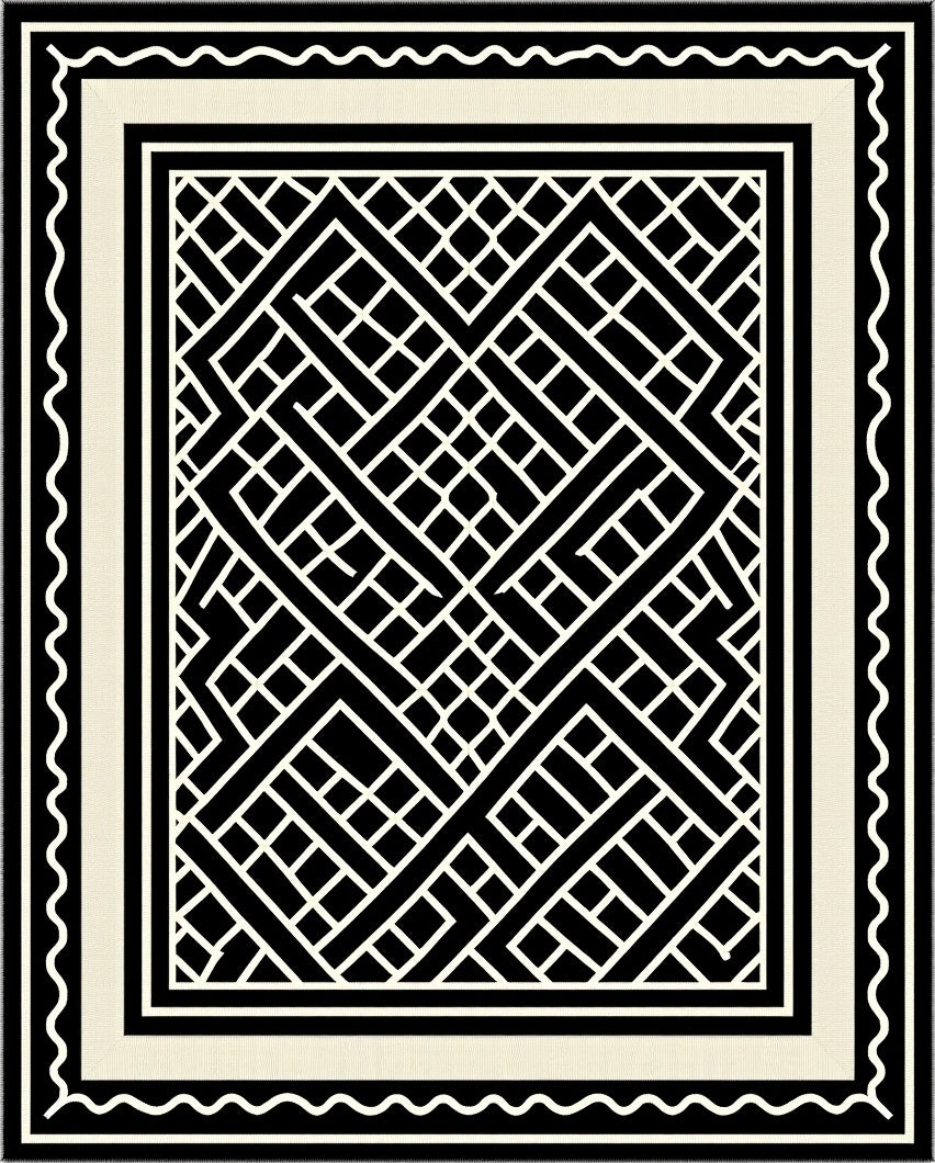 Black White Geometric Interlocking Pattern Rug