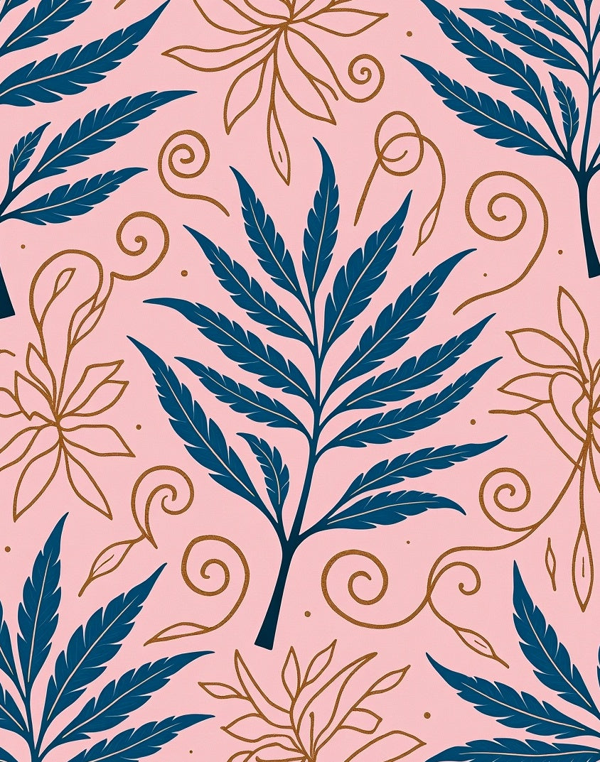 Elegant Blue Gold Fern Pattern Rug