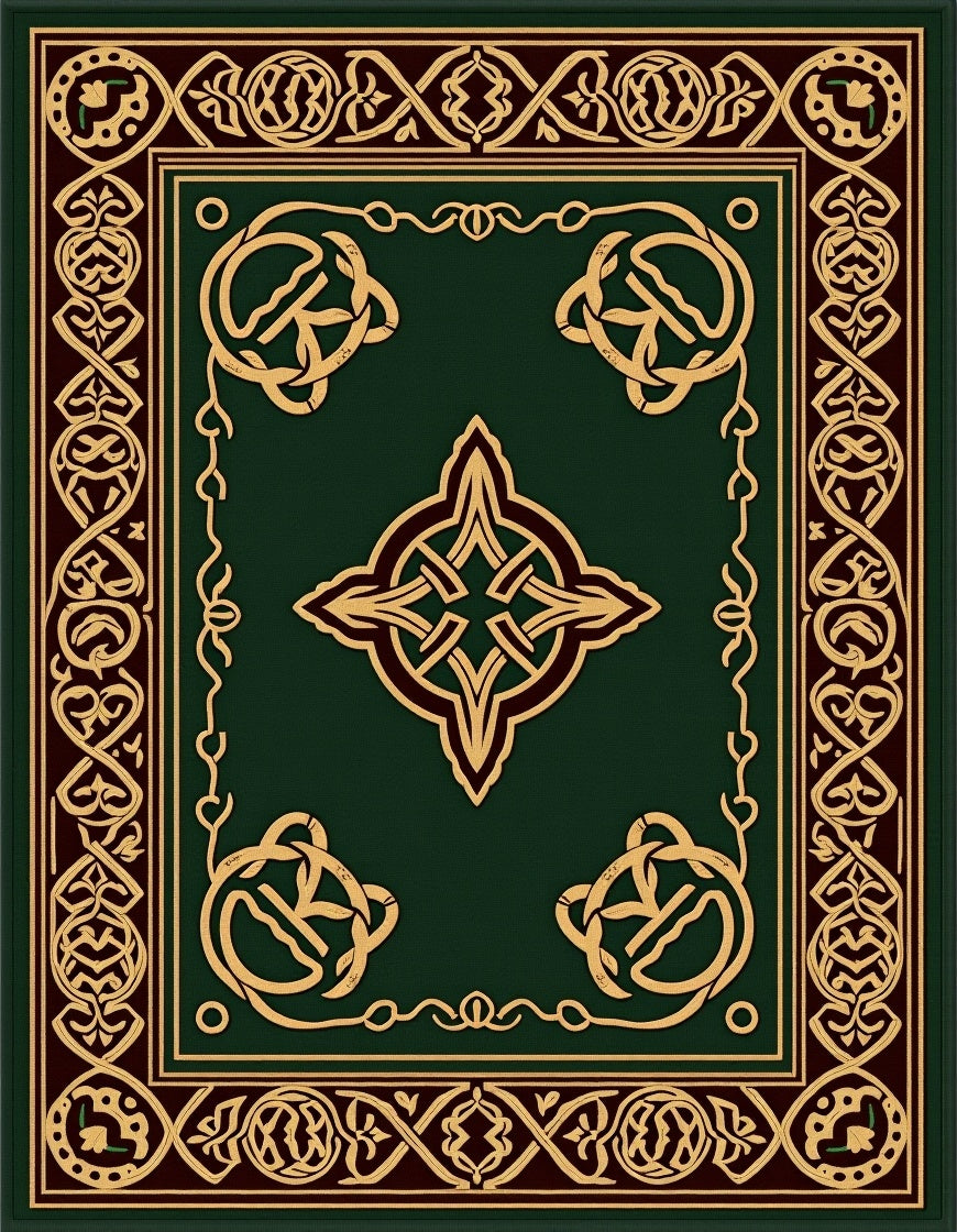 Intricate Gold Celtic Knot Green Rug