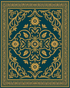 Ornate Teal Gold Floral Scrollwork Rug