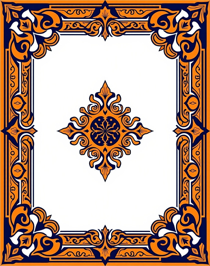 Orange Navy Intricate Floral Border Design Rug