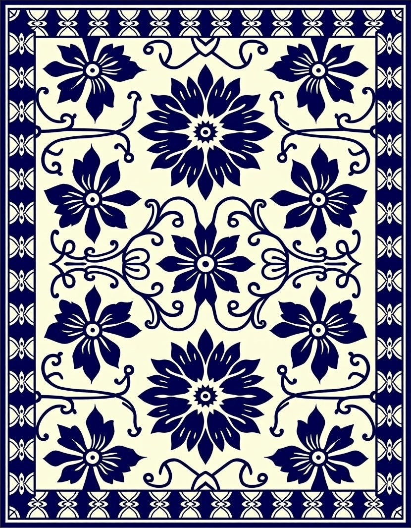 Classic Floral Blue Cream Motif Rug