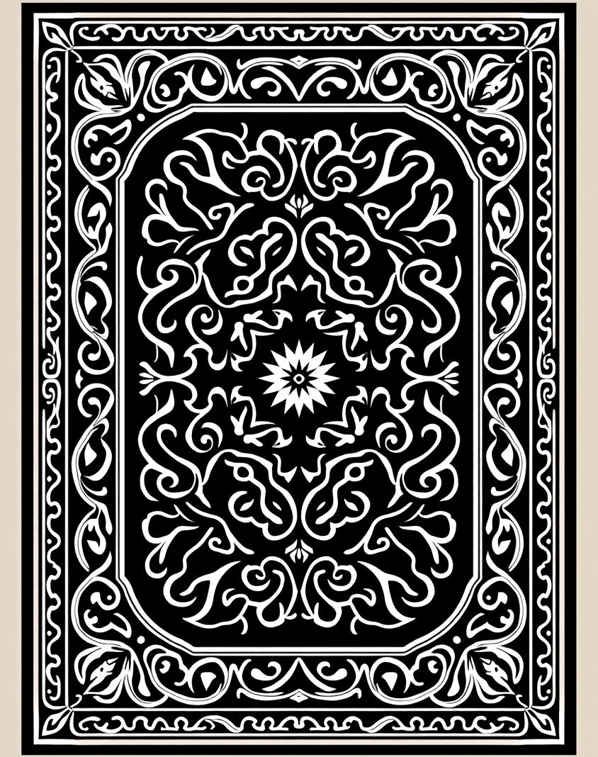 Black White Ornate Floral Scroll Pattern Rug