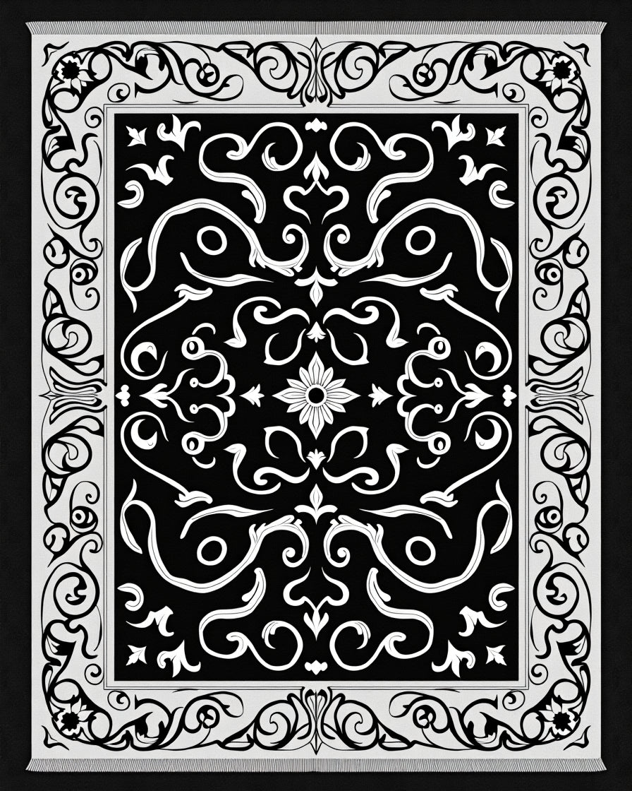 Ornate Black White Swirl Pattern Rug