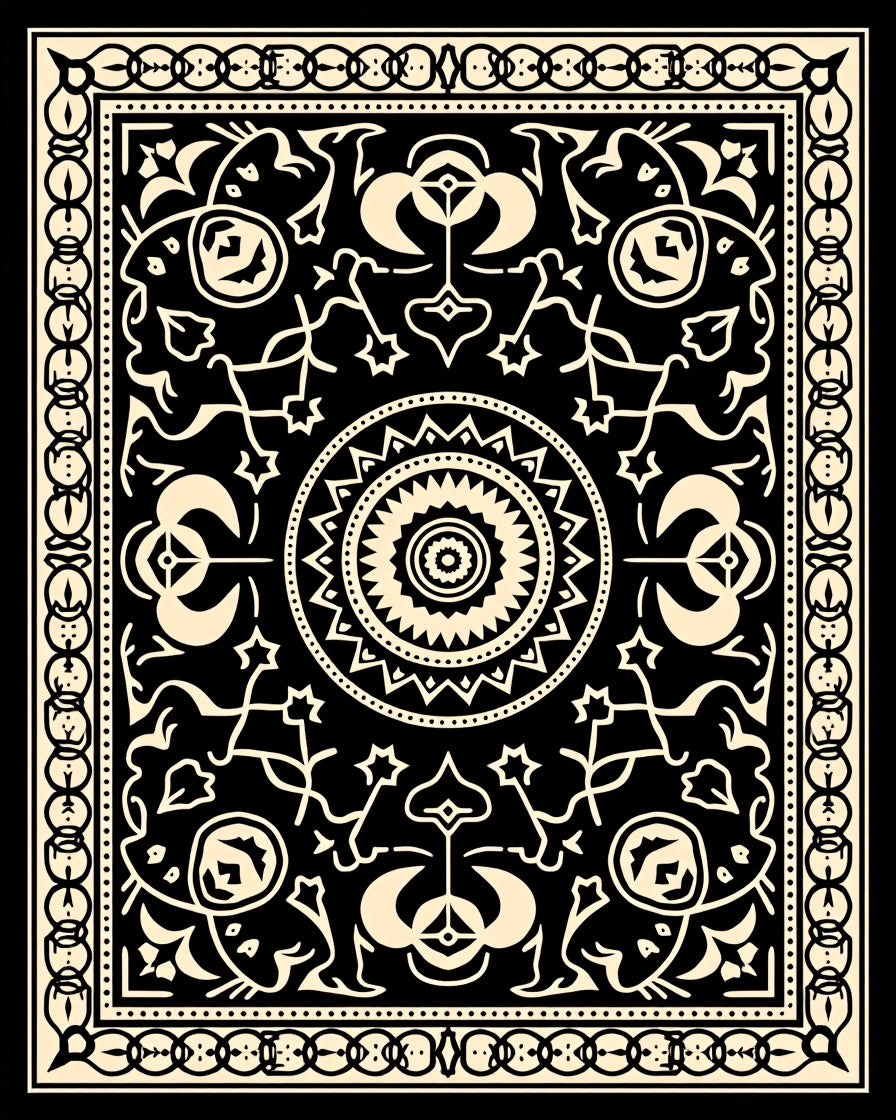 Black Cream Intricate Floral Mandala Rug