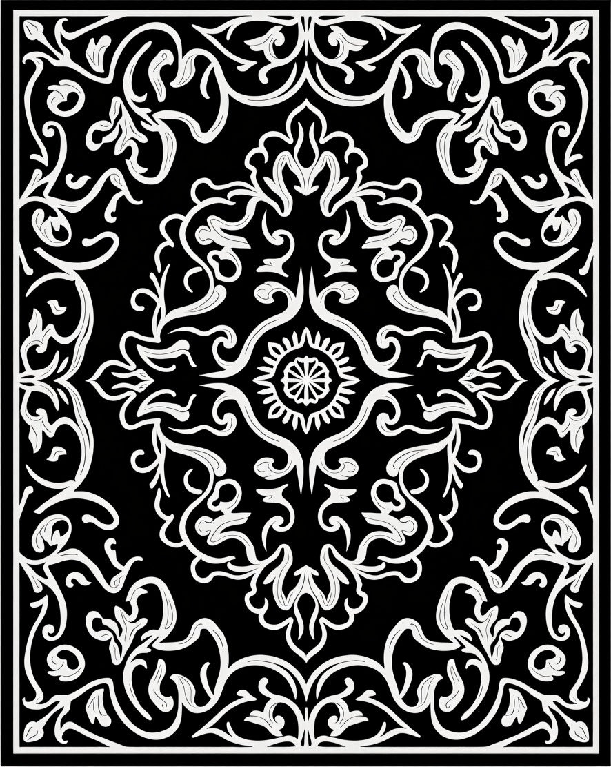 Elegant Black White Damask Pattern Rug