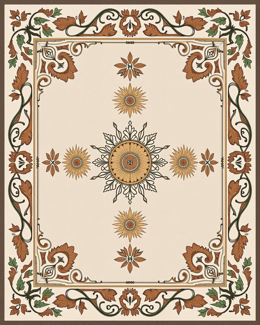 Ornate Floral Sunburst Frame Design Rug