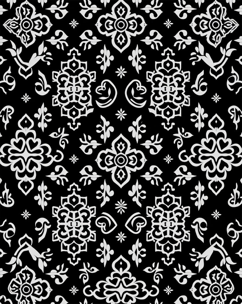 Intricate Black White Ornamental Tile Rug