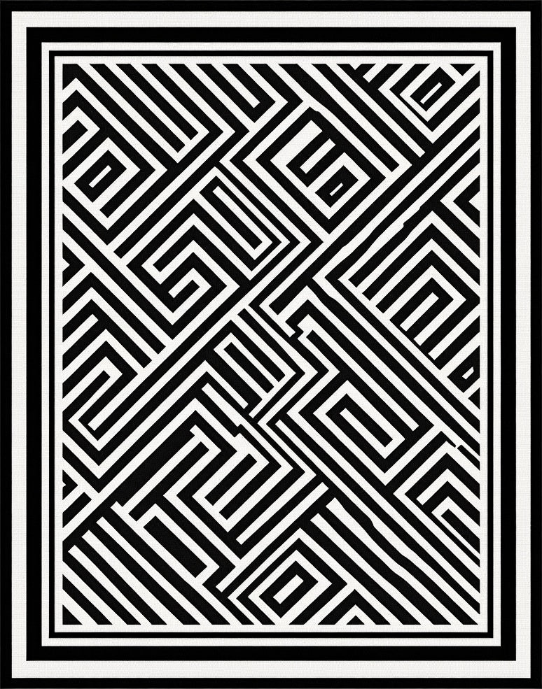 Bold Black White Maze Pattern Rug