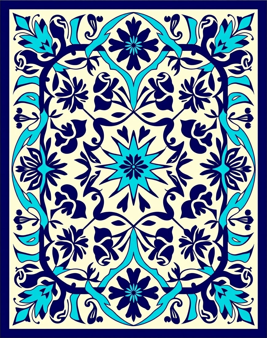Intricate Floral Medallion Navy Aqua Design Rug