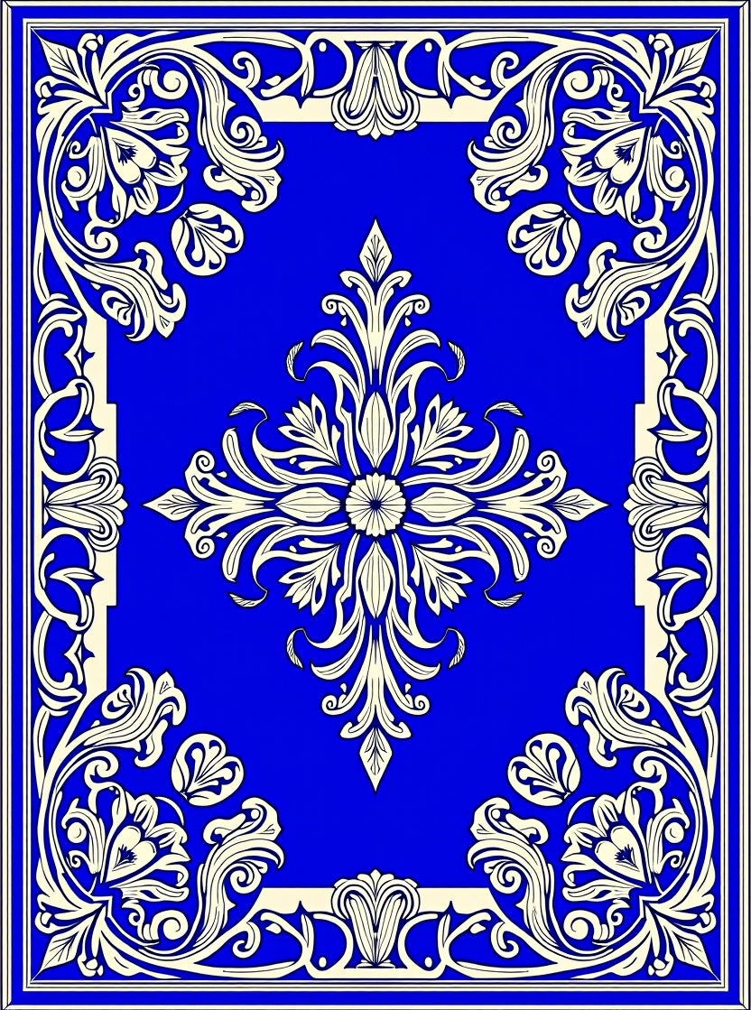 Elegant Ivory Floral Blue Border Rug