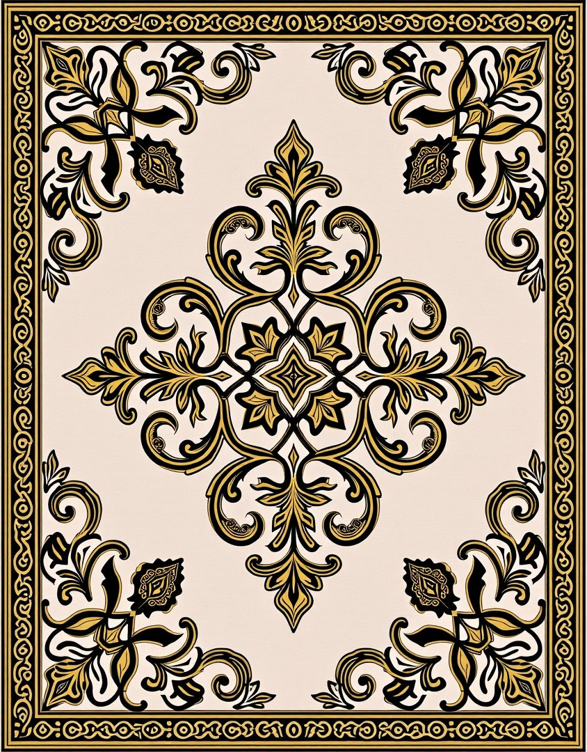 Classic Black Gold Floral Square Pattern Rug