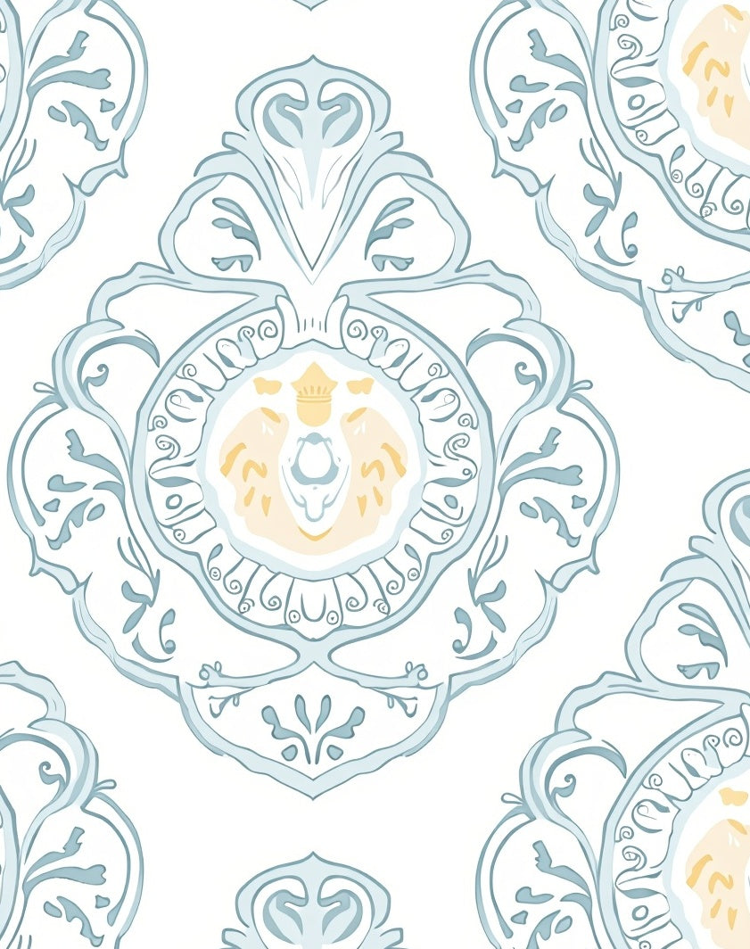 Light Blue Ochre Damask Pattern Runner Rug
