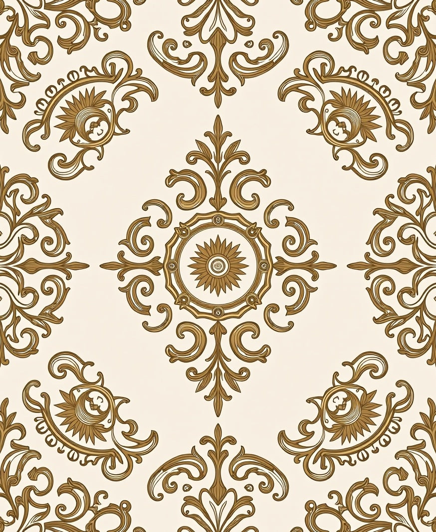 Ornate Gold Damask Scroll Pattern Rug