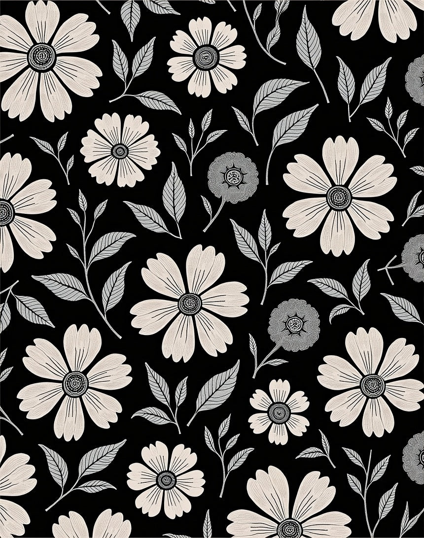 Black and Cream Floral Pattern Rug