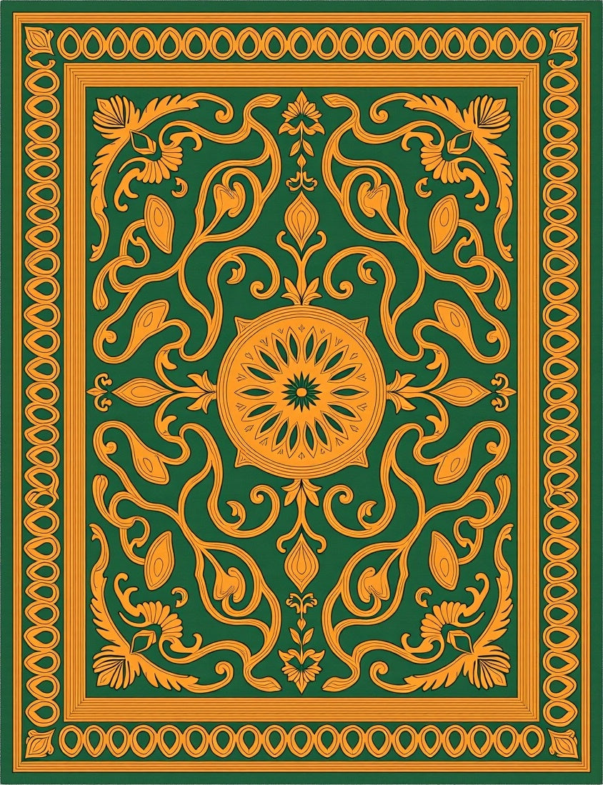 Elegant Green Orange Scrollwork Rug