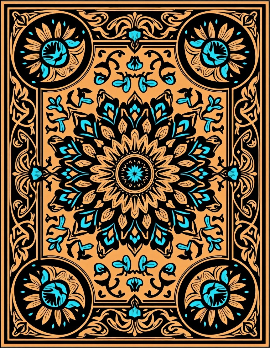 Mandala Floral Black Orange Rug