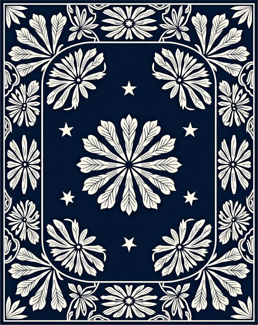 Navy Ivory Floral Star Pattern Rug