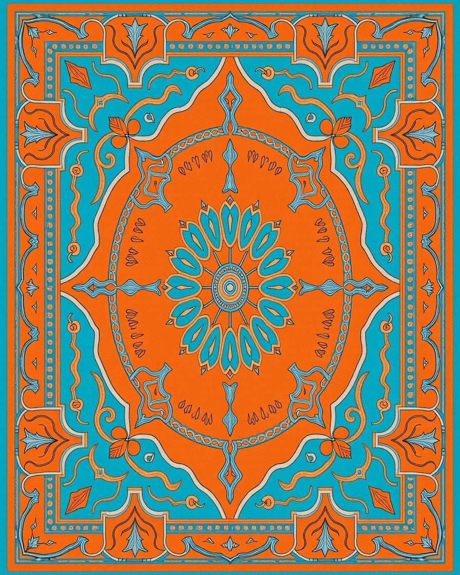 Symmetrical Orange and Teal Floral Medallion Rug