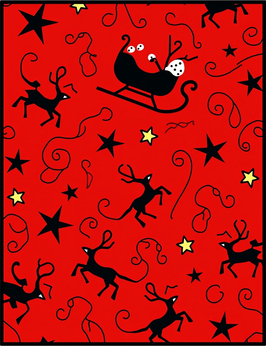 Red Sleigh Reindeer Star Swirls Rug