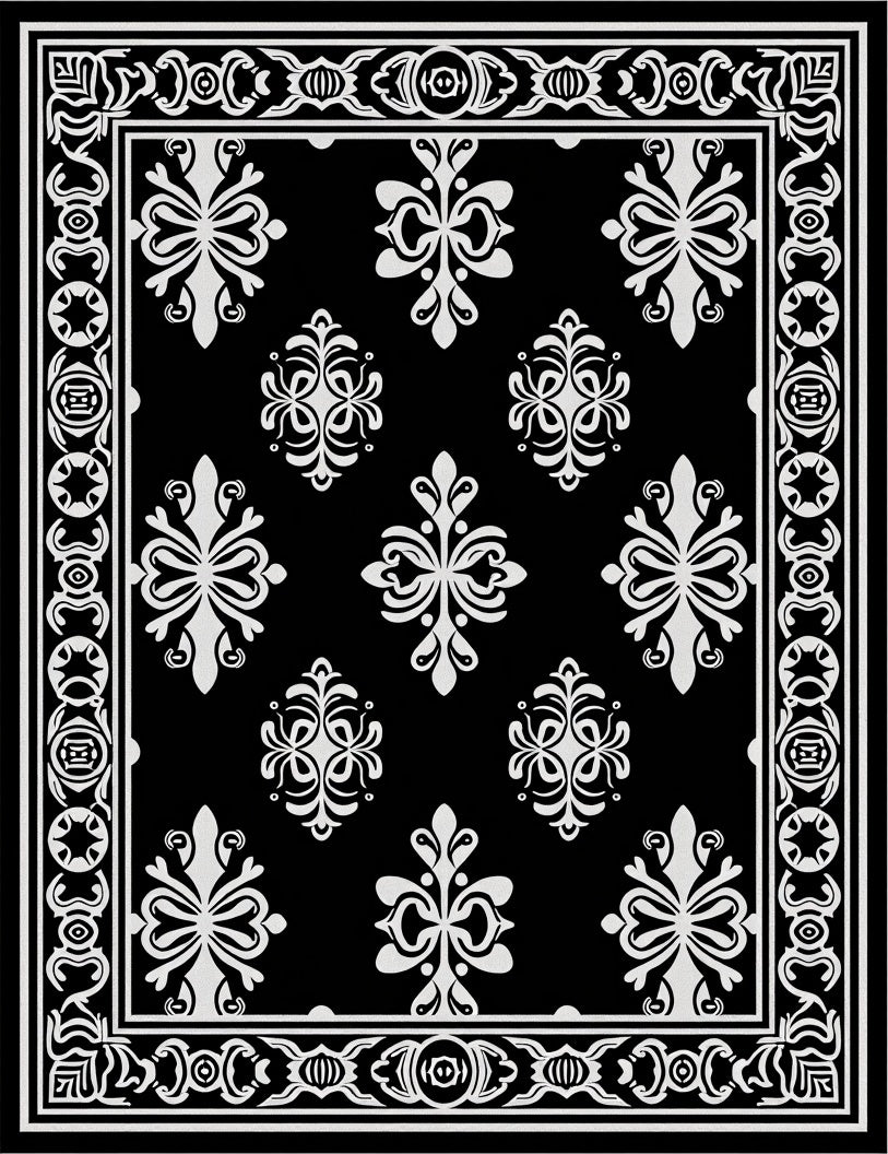 Black White Classic Floral Motif Rug