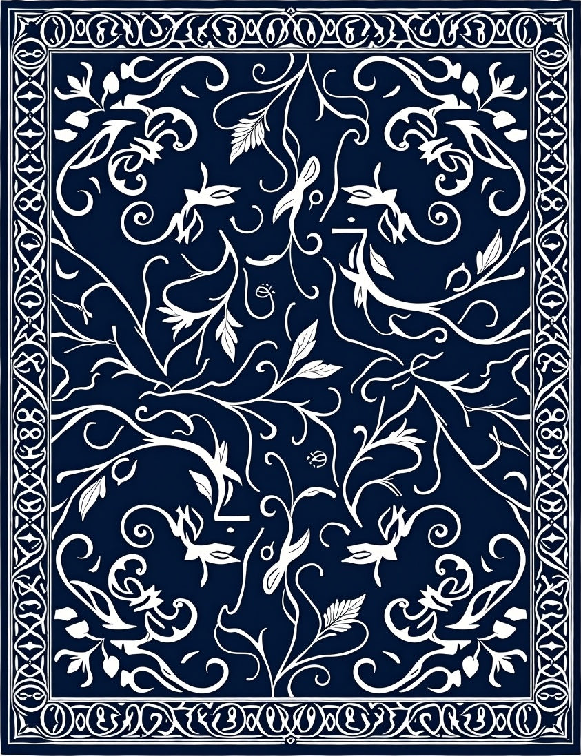 Classic Navy Floral Swirls Pattern Rug