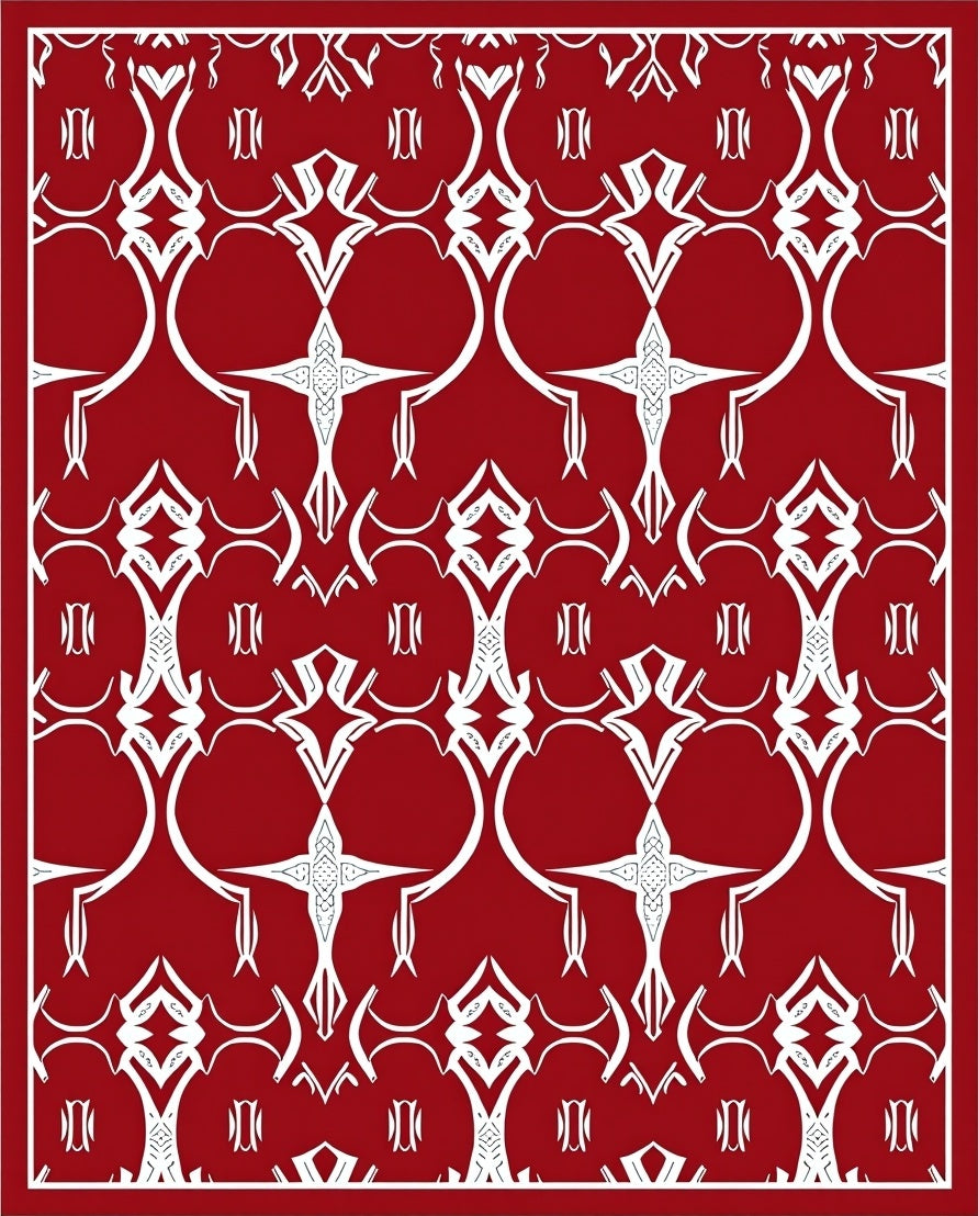 Classic Red White Geometric Scrollwork Pattern Rug