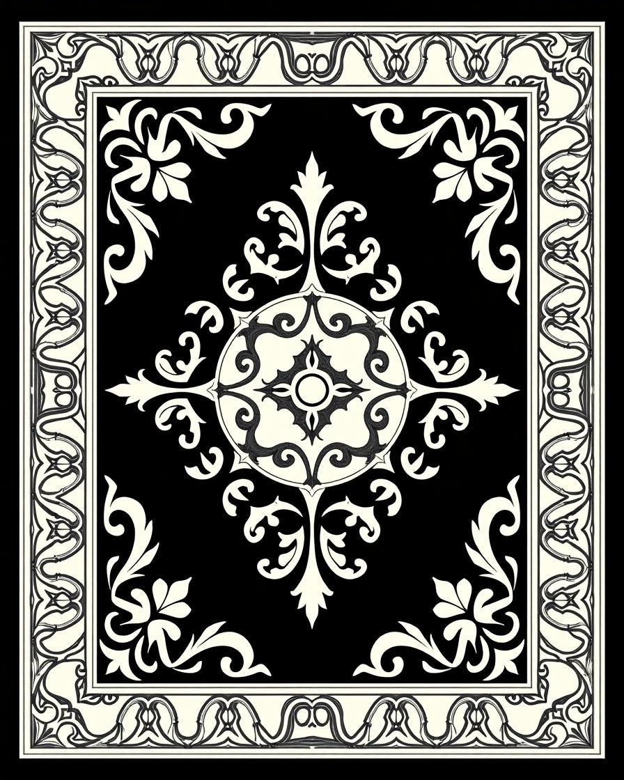 Elegant Black Cream Scrollwork Medallion Rug