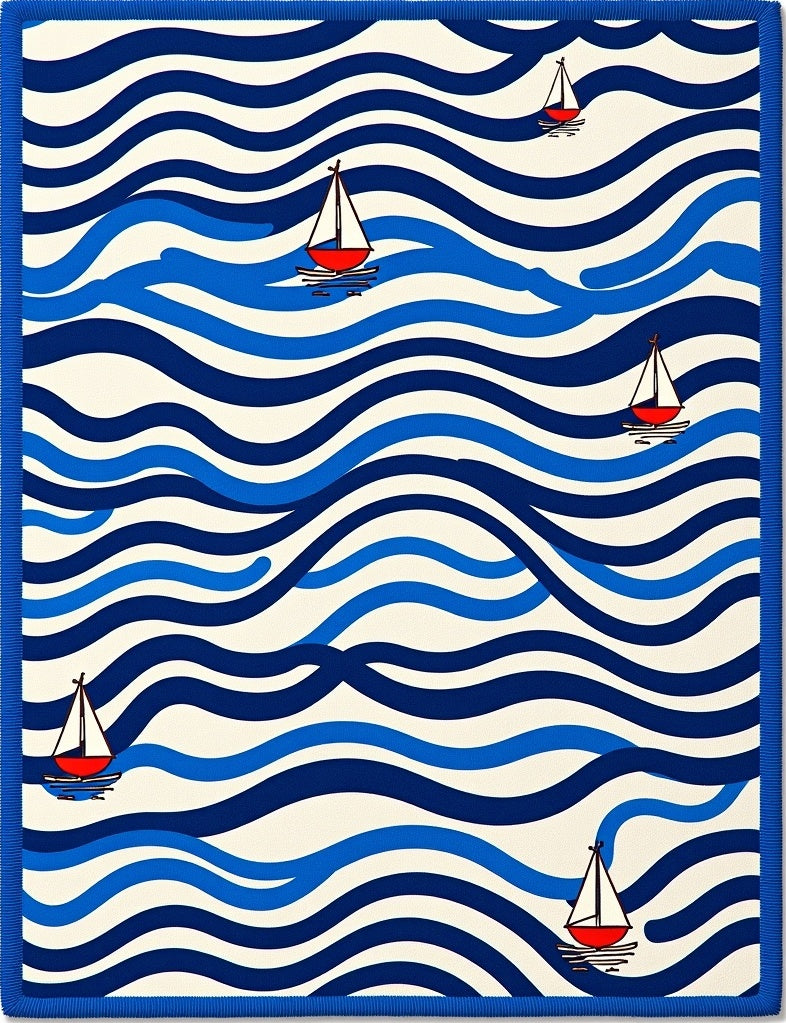 Nautical Sailboat Wave Pattern Rug