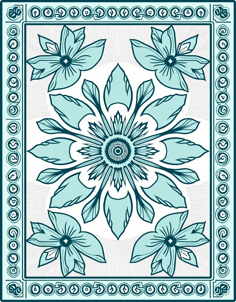 Teal Floral Mandala Border Design Rug