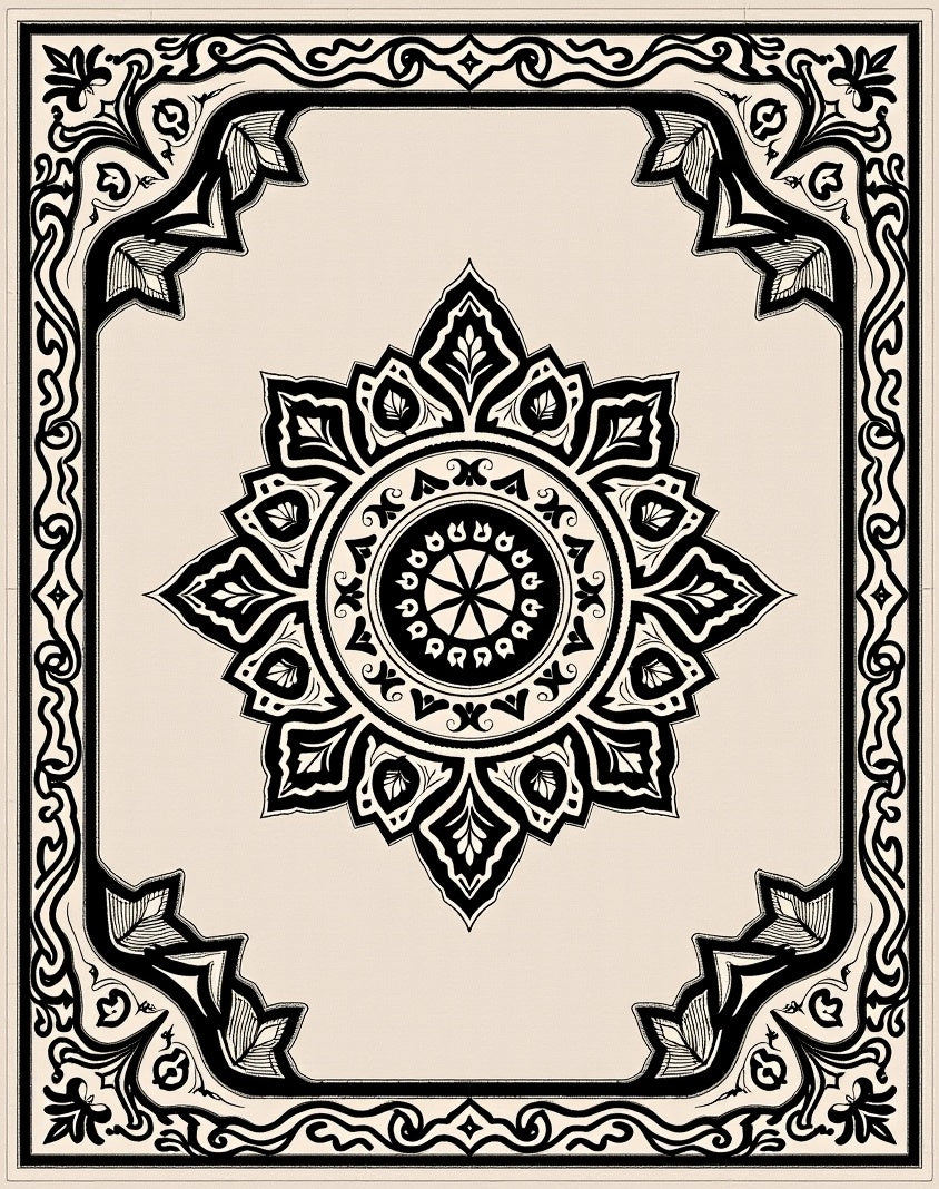 Intricate Black Floral Sunburst Design Rug