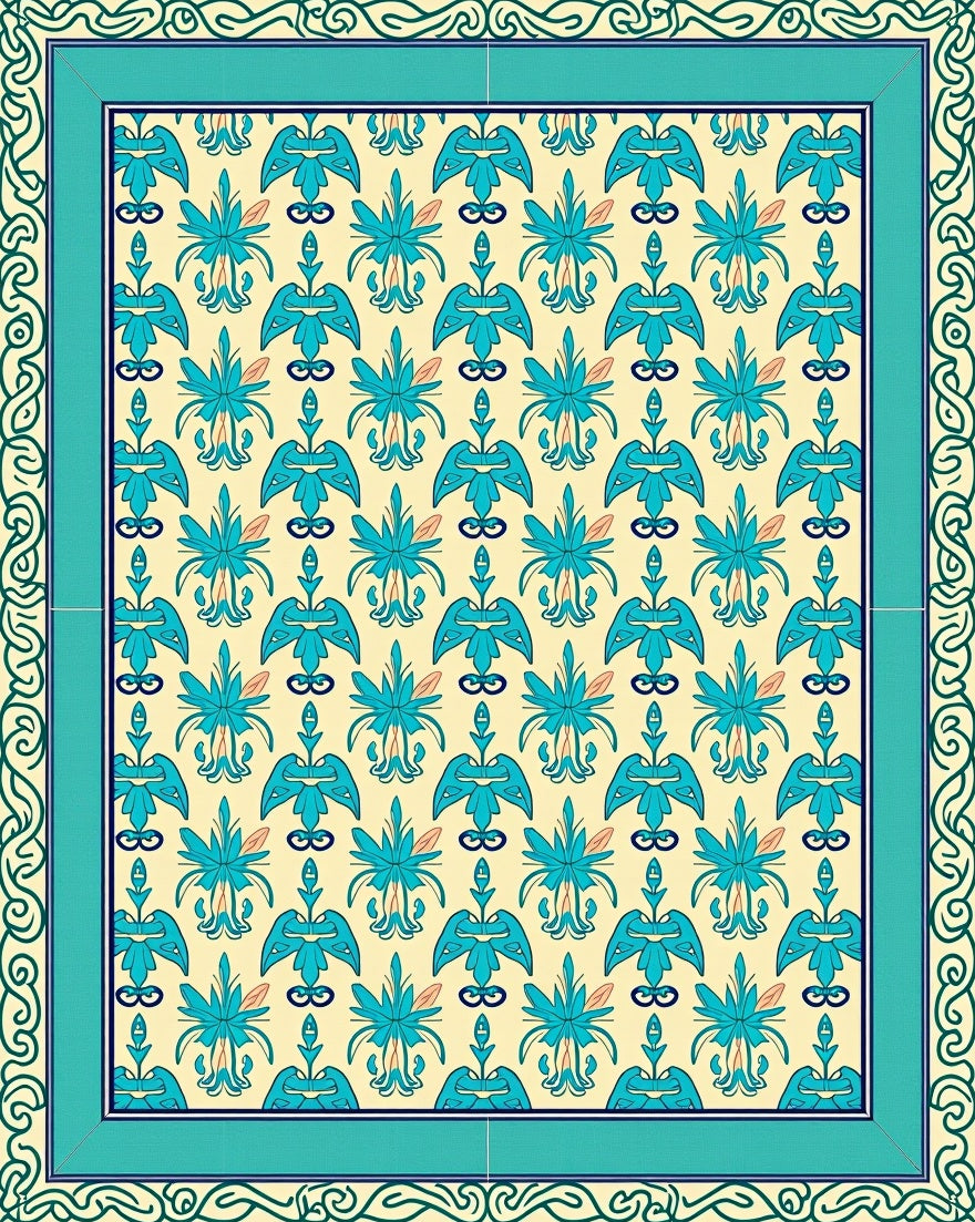 Aqua Floral Patterned Classic Rug