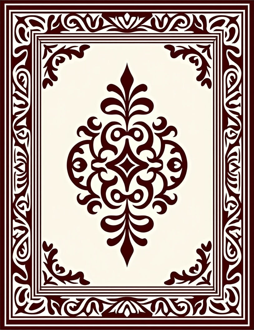Ornate Crimson Scroll Medallion Border Rug