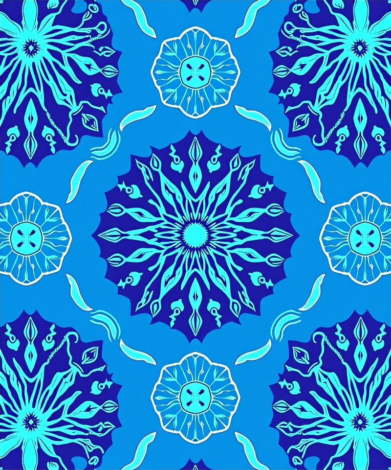 Deep Blue Cyan Floral Medallion Arrangement Rug