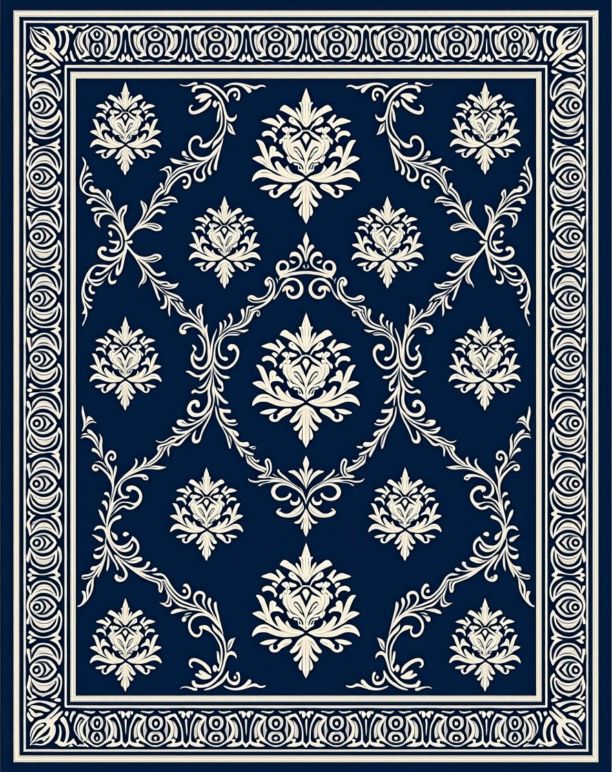 Traditional damask patterned navy Rug
