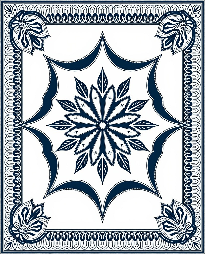 Classic Navy Floral Mandala Pattern Rug