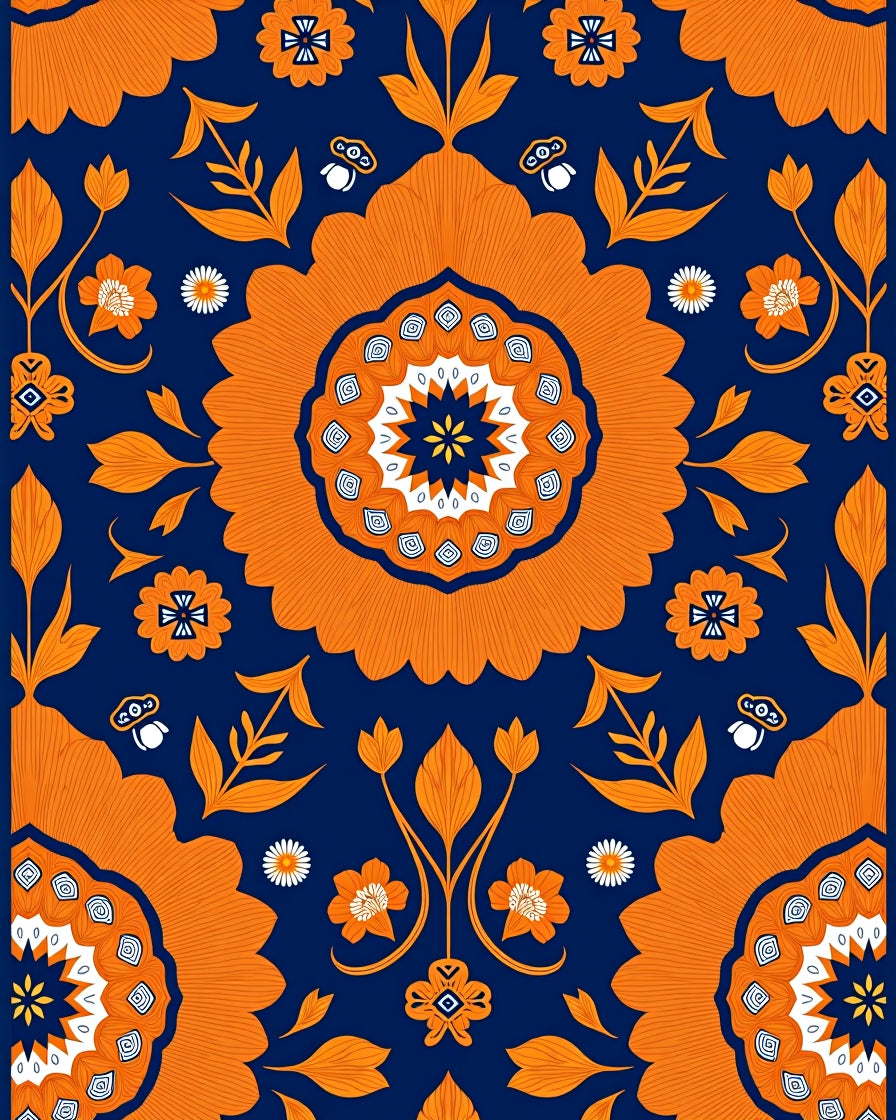Bold Orange Navy Floral Medallion Pattern Rug