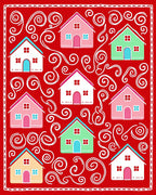Whimsical Colorful Houses Swirls Background Rug