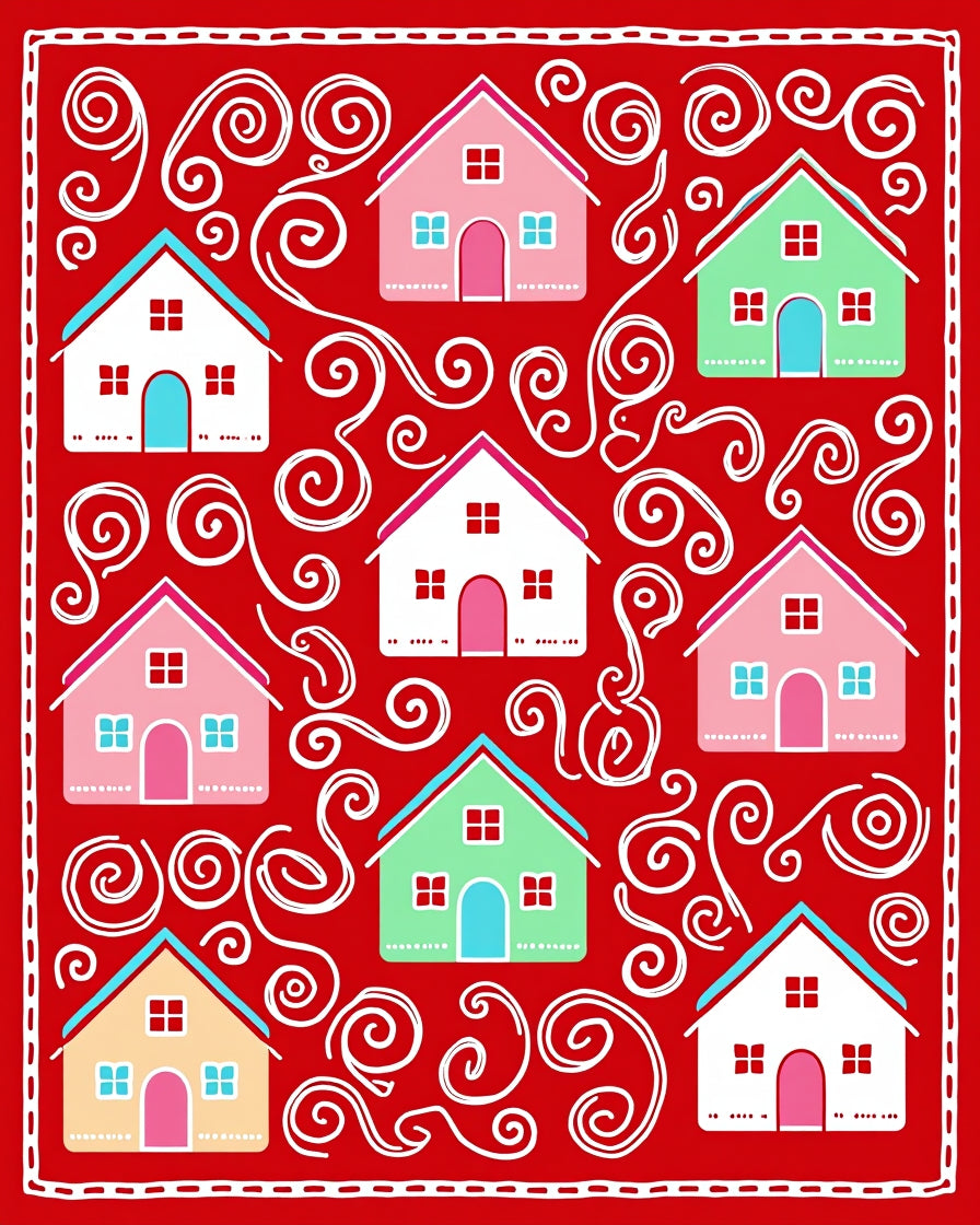 Whimsical Colorful Houses Swirls Background Rug