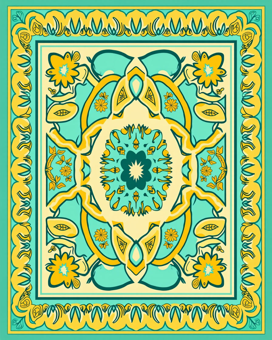 Teal Yellow Floral Mandala Pattern Rug