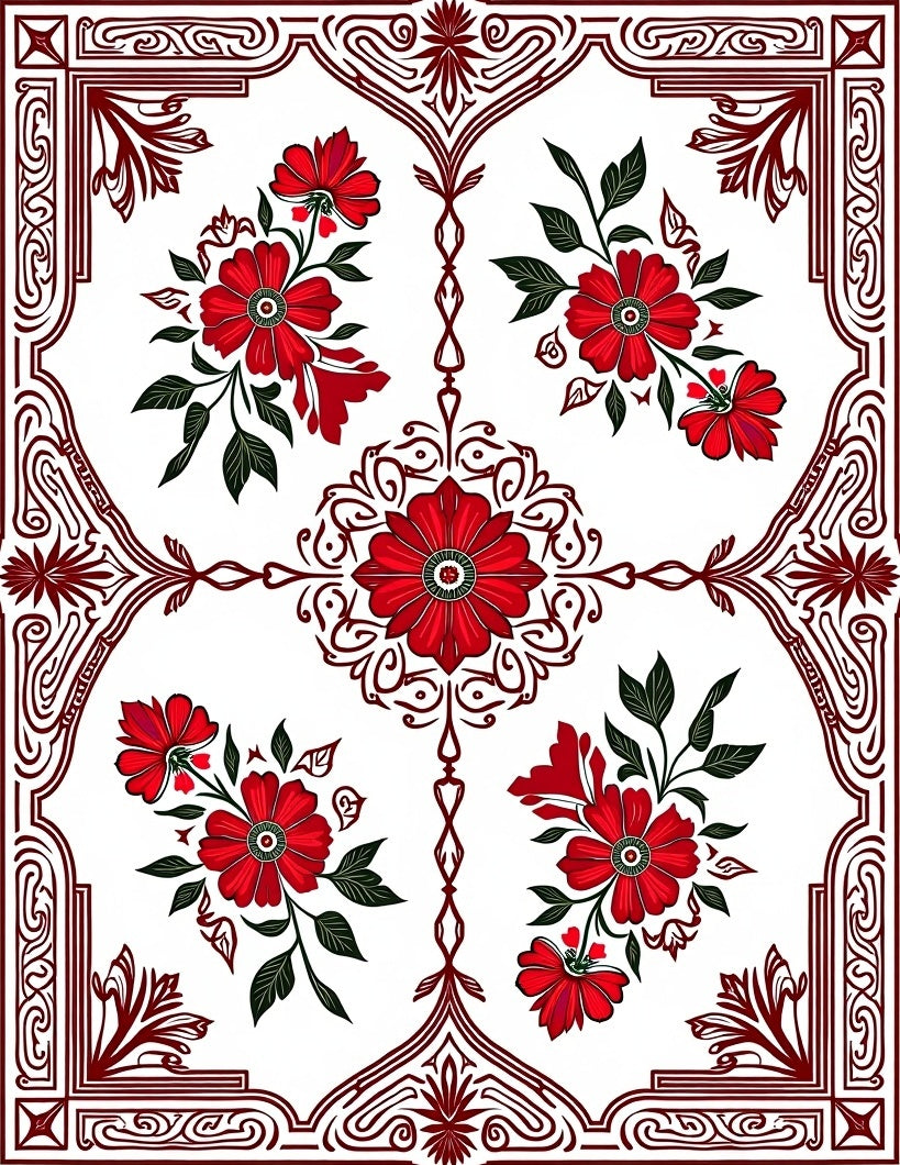 Red Floral Pattern On White Background Rug