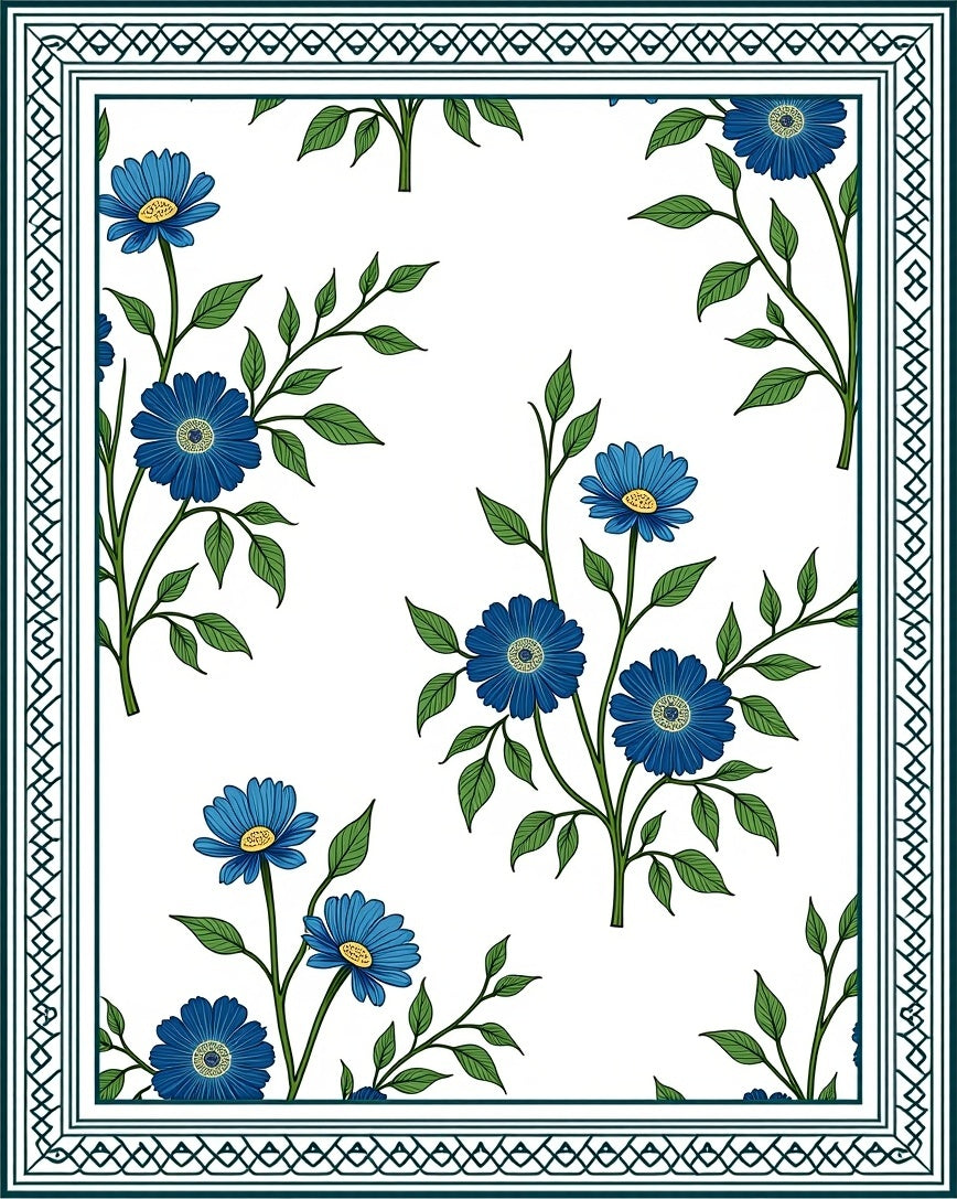 Blue Floral Sprigs Border Design Rug