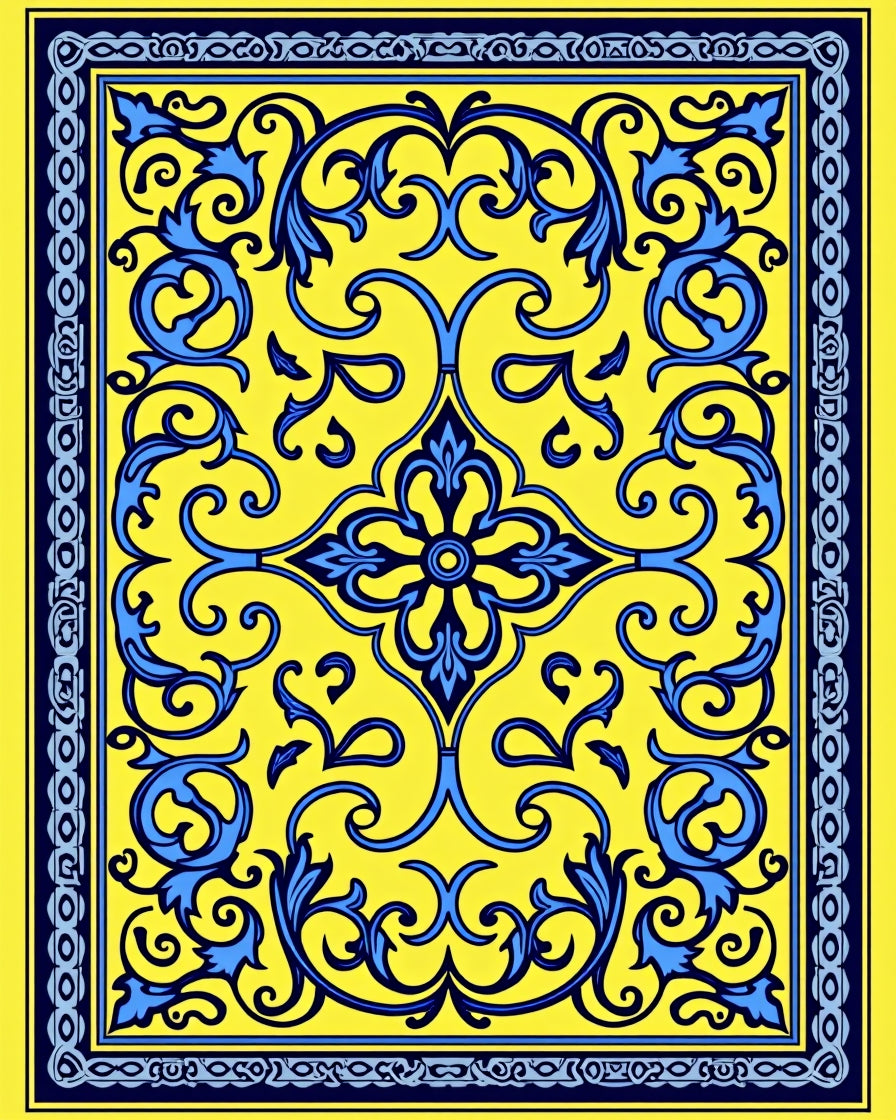 Bright Yellow Blue Floral Medallion Rug