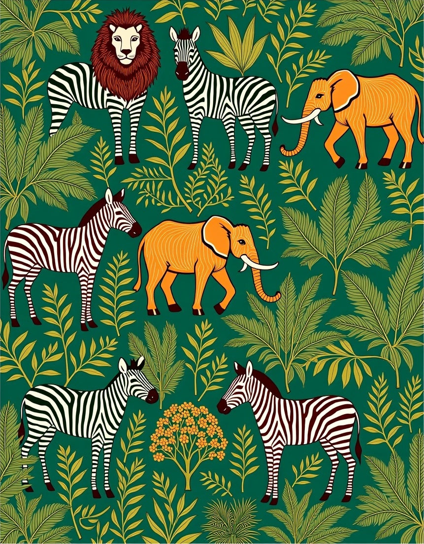 Jungle Safari Animals Botanical Print Rug