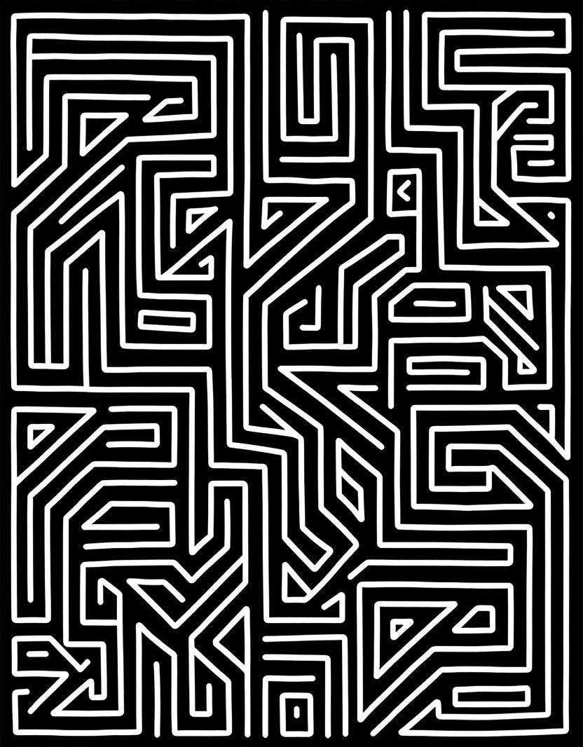 Geometric Labyrinth Black White Pattern Rug