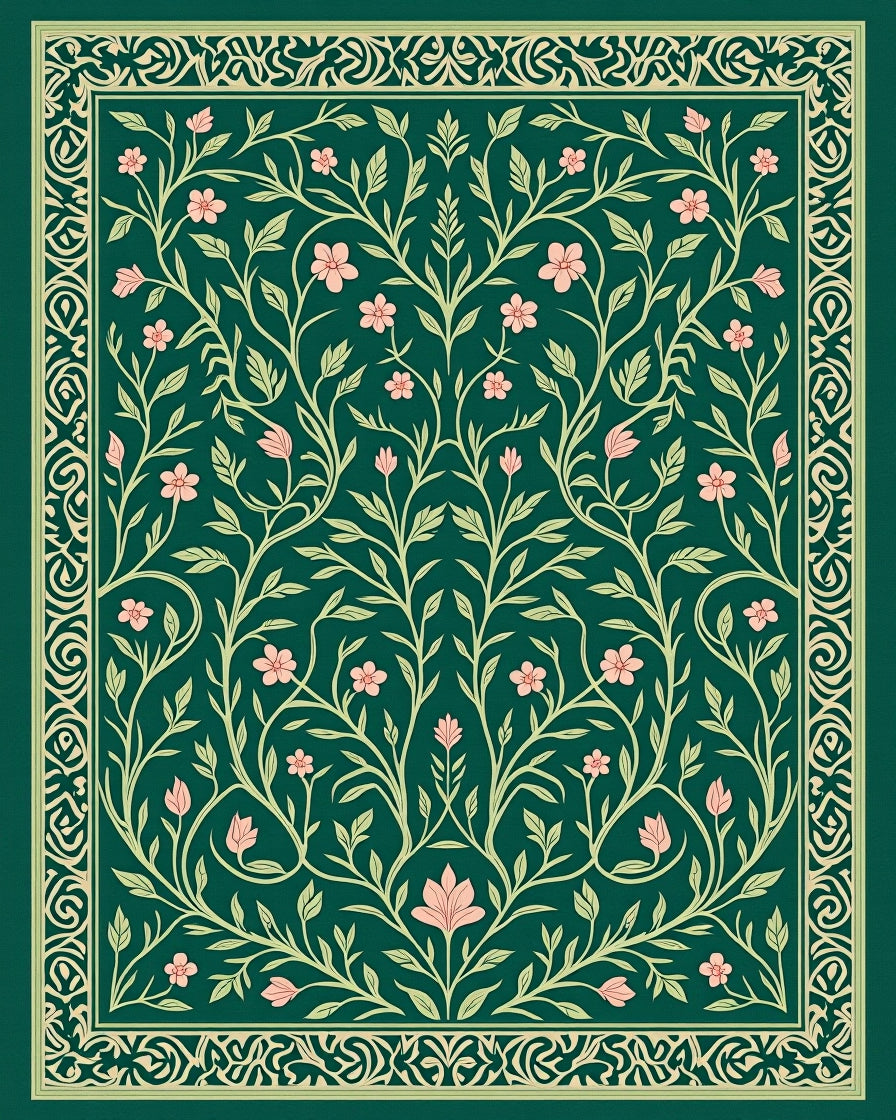 Dark Green Floral Vines Pattern Rug