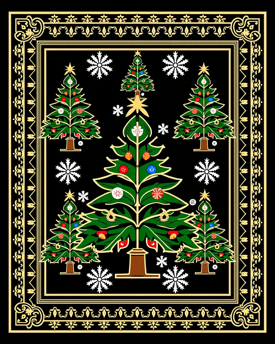 Festive Green Christmas Trees Snowflake Border Rug