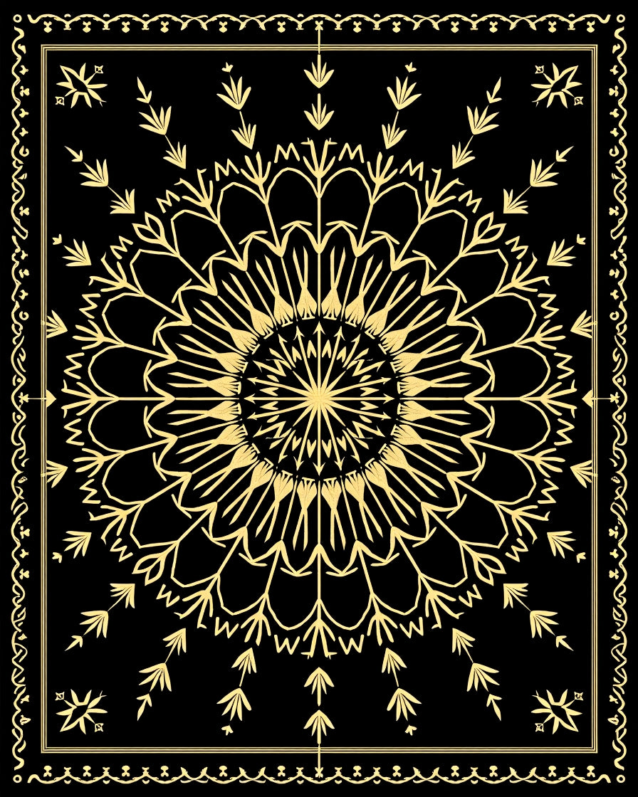 Golden Black Mandala Floral Border Rug