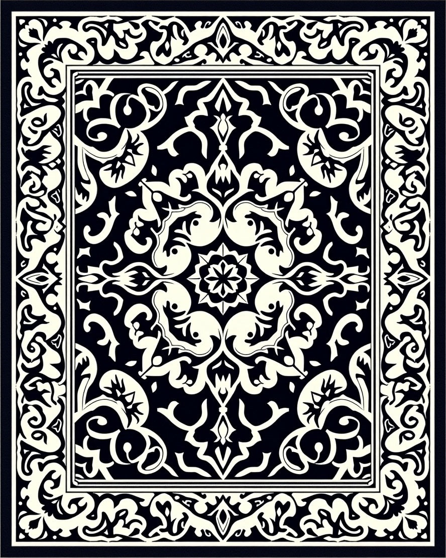 Intricate Black Cream Floral Pattern Rug