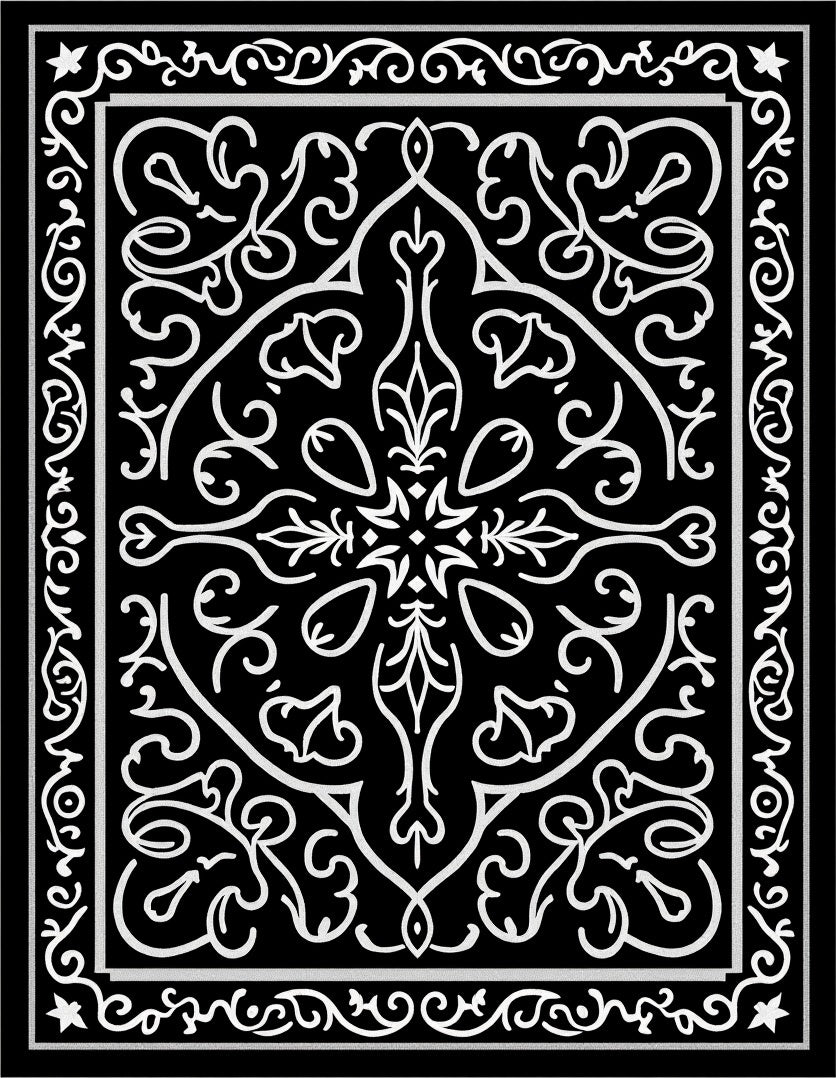 Ornate Scrollwork Black White Rug